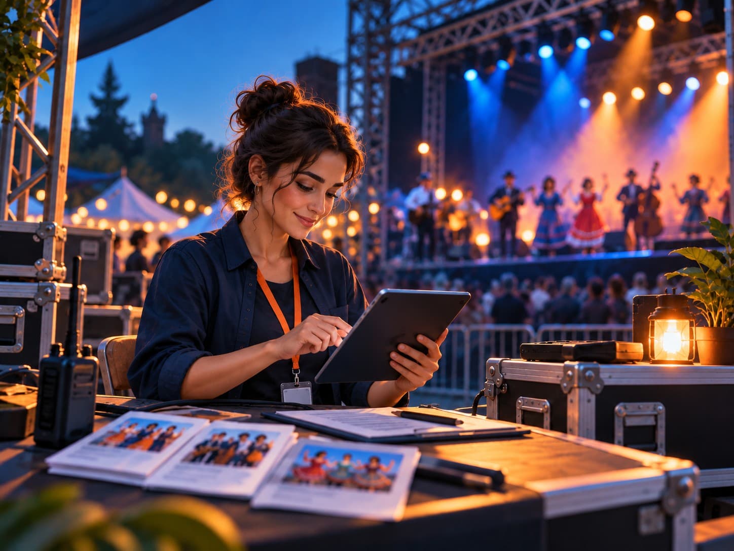 Festival organizer at a production desk reviewing a tablet beside printed group photos, with a folk ensemble performing on stage behind her